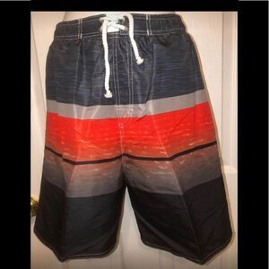Quad Seven Sz M (8/10) Boys Black/Red Striped Swim Trunks NEW NWT